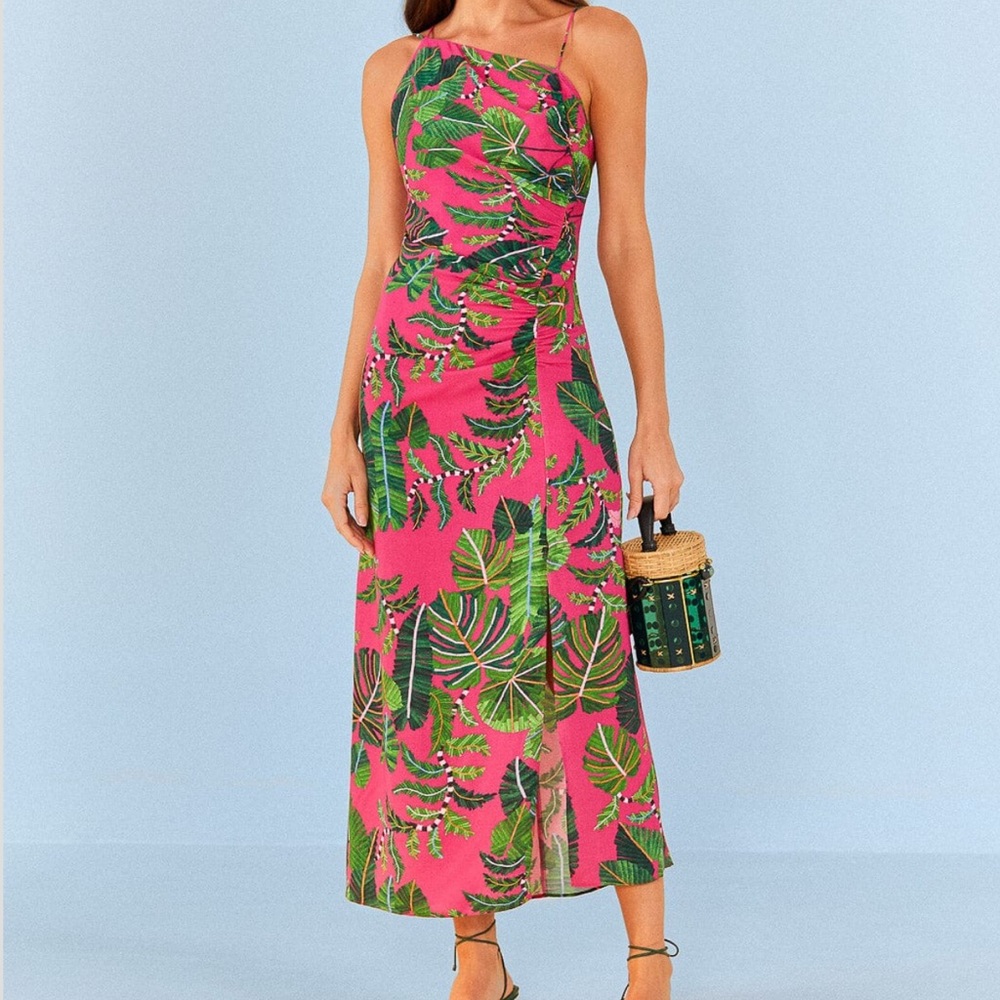 NWT Farm Rio Pink Leaves Midi Dress